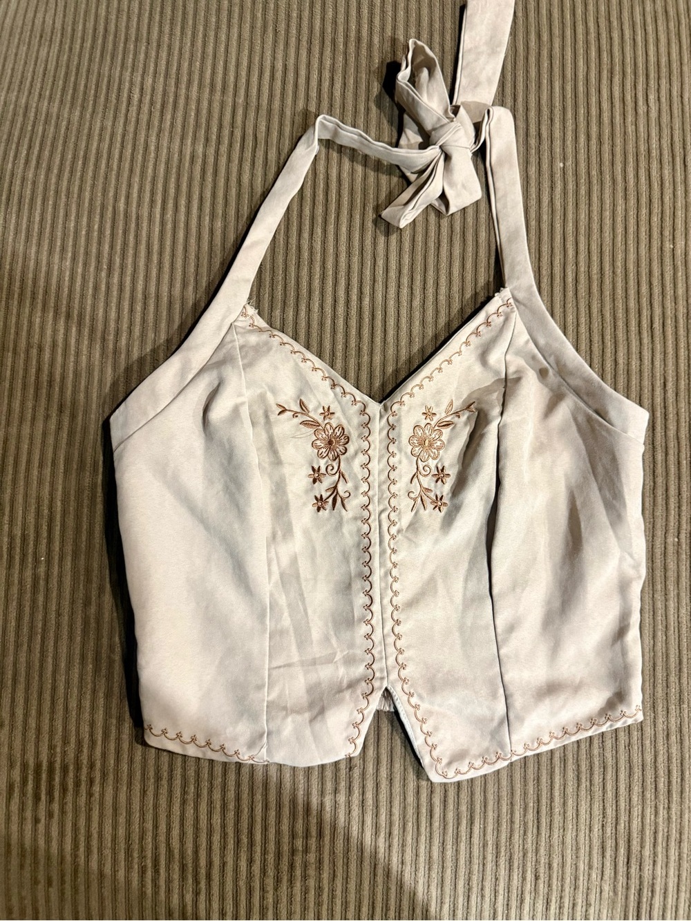 Embroidered Halter Crop Top - Cream